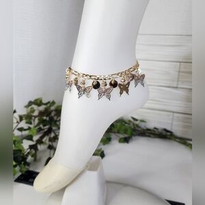 Gold Figaro Chain Anklet Bracelet with Tricolor Gold Butterfly Charms